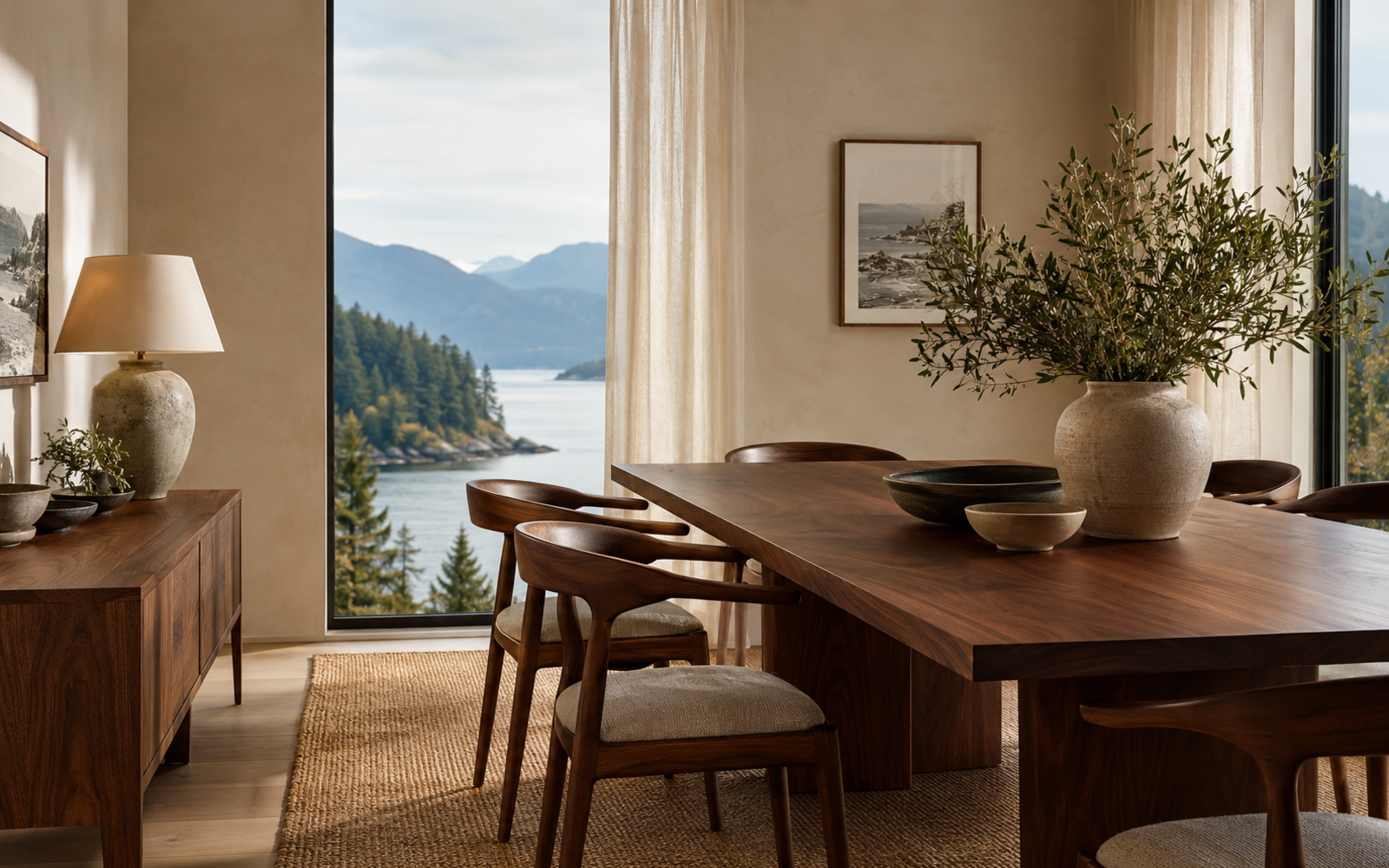 Warm dining room with quality walnut furniture